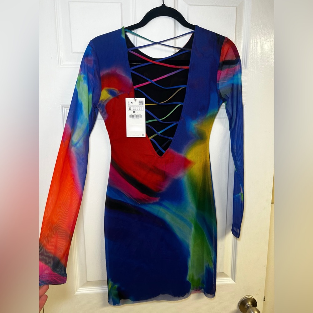 Zara NWT multicolor printed tulle long sleeve mini dress size S